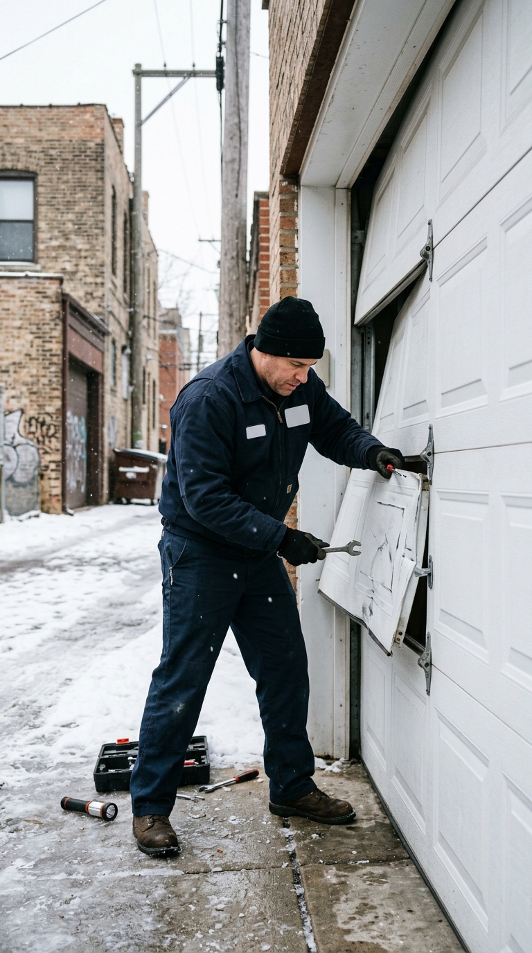 Technician removing a single dented panel section from a residential garage door in a Chicago alley