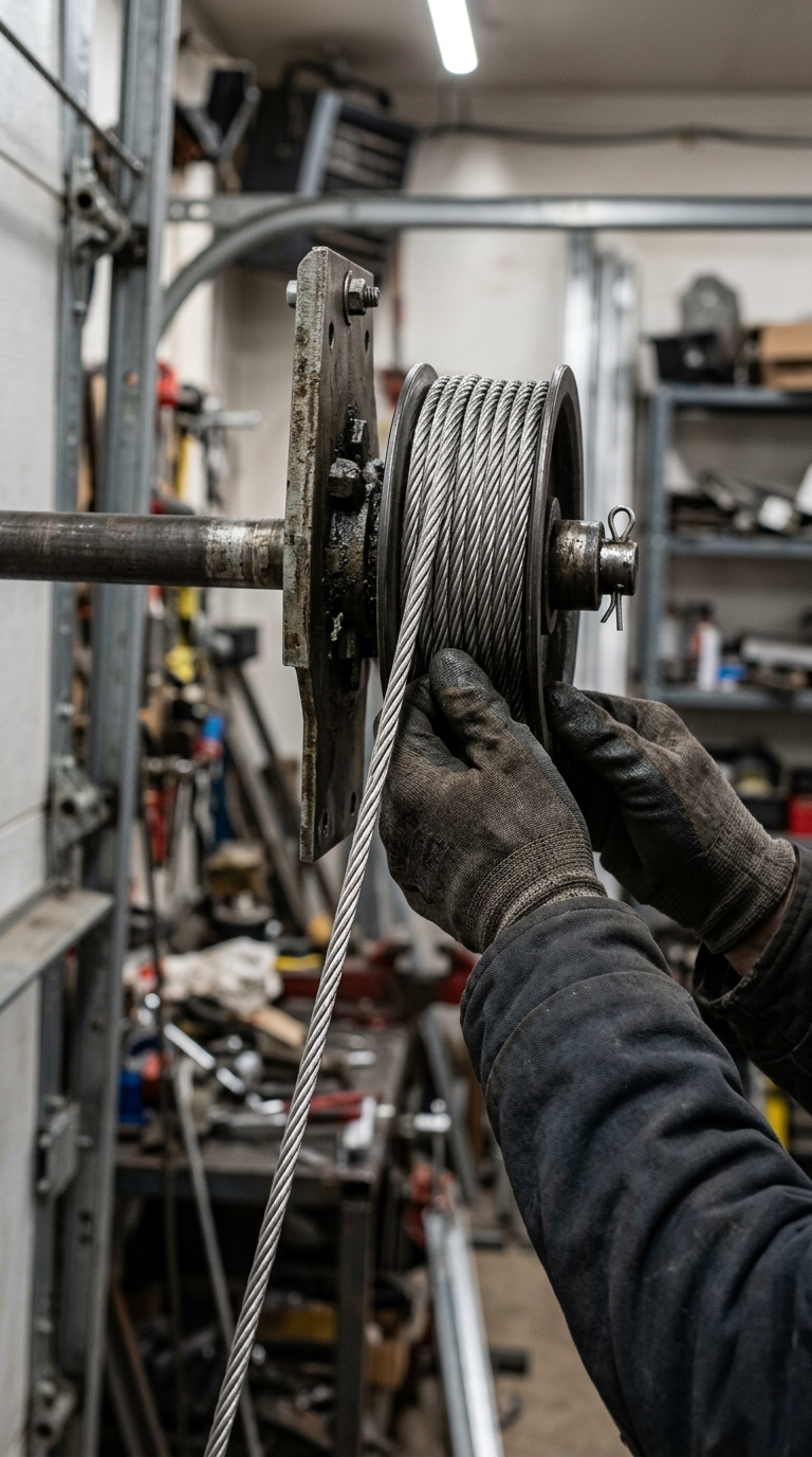 Lift cable being re-spooled onto the drum on a West Loop garage door