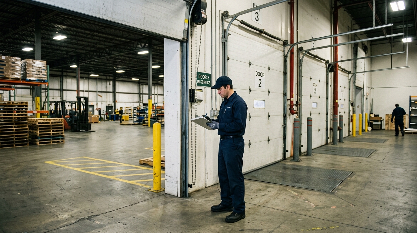 Technician inspecting multiple commercial sectional doors at a Goose Island distribution warehouse