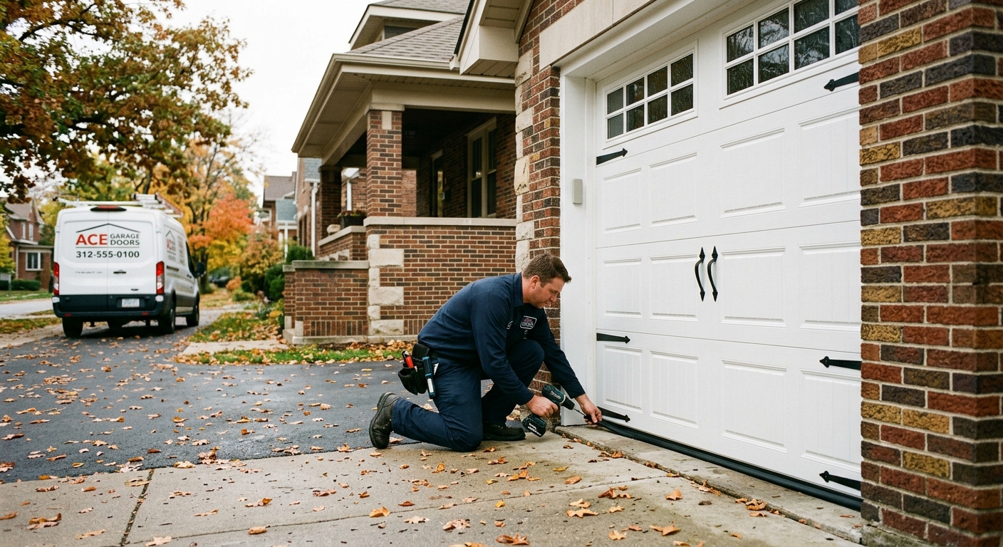 Carriage-house garage door installation on Chicago brick bungalow — Lakeview