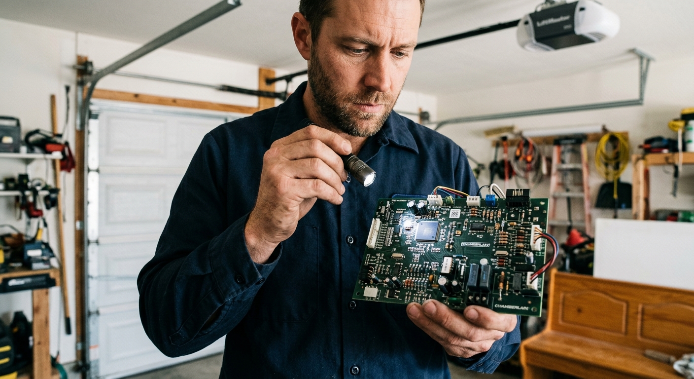 Technician inspecting a garage door logic control board in Logan Square