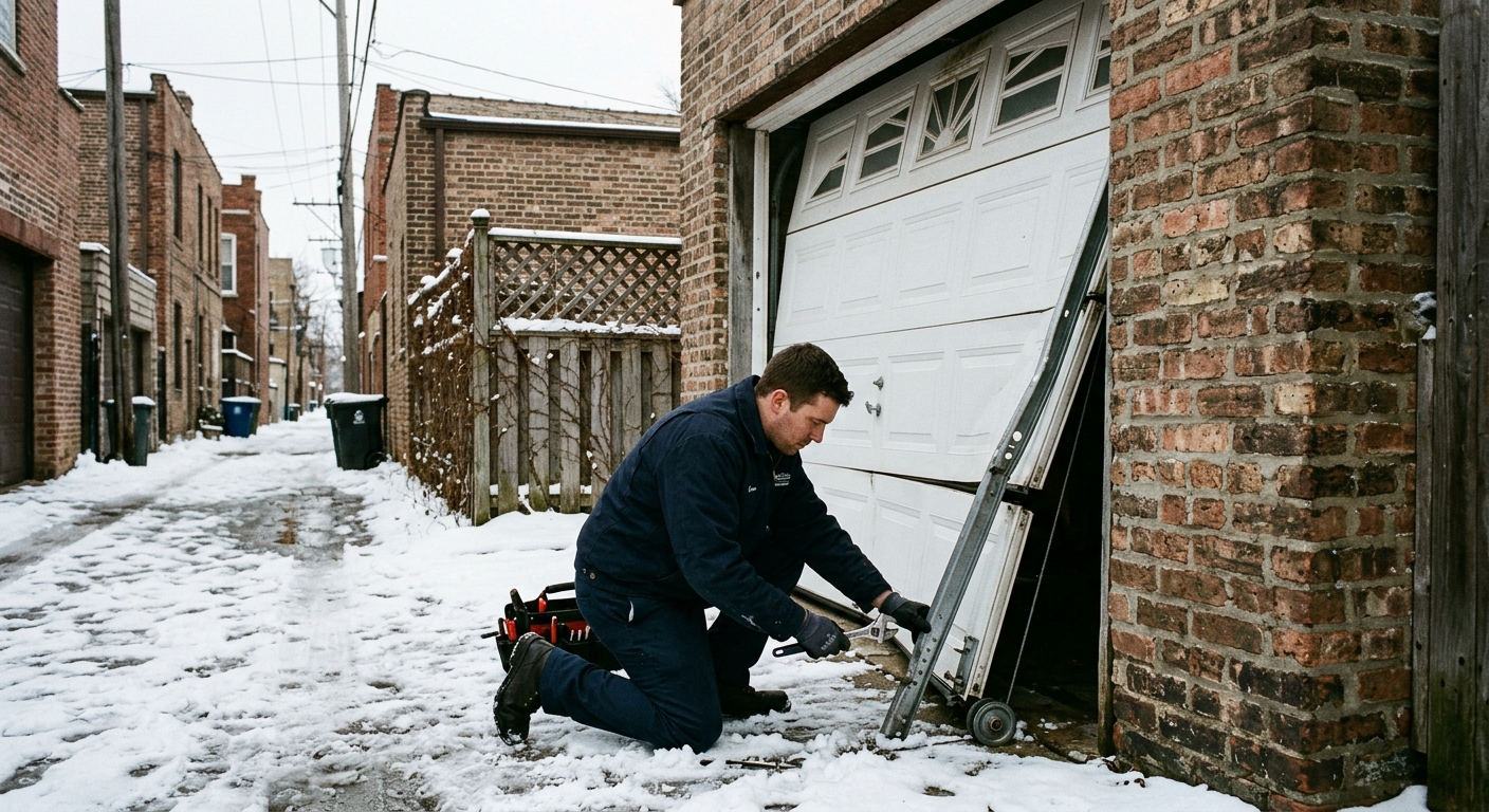 Off-track garage door still mounted in opening — track repair at ground level, Chicago alley