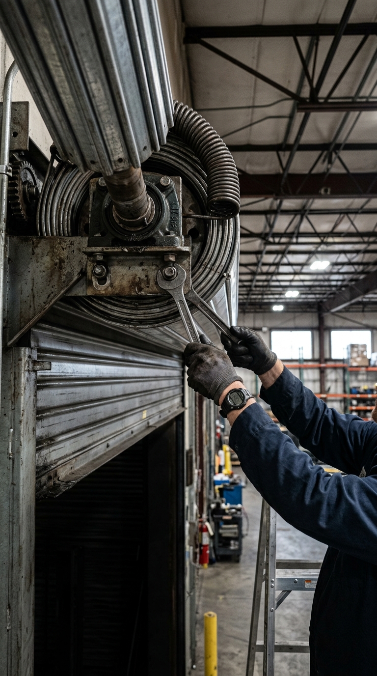 Commercial roll-up coil barrel and spring mechanism being serviced in a Pilsen auto body shop