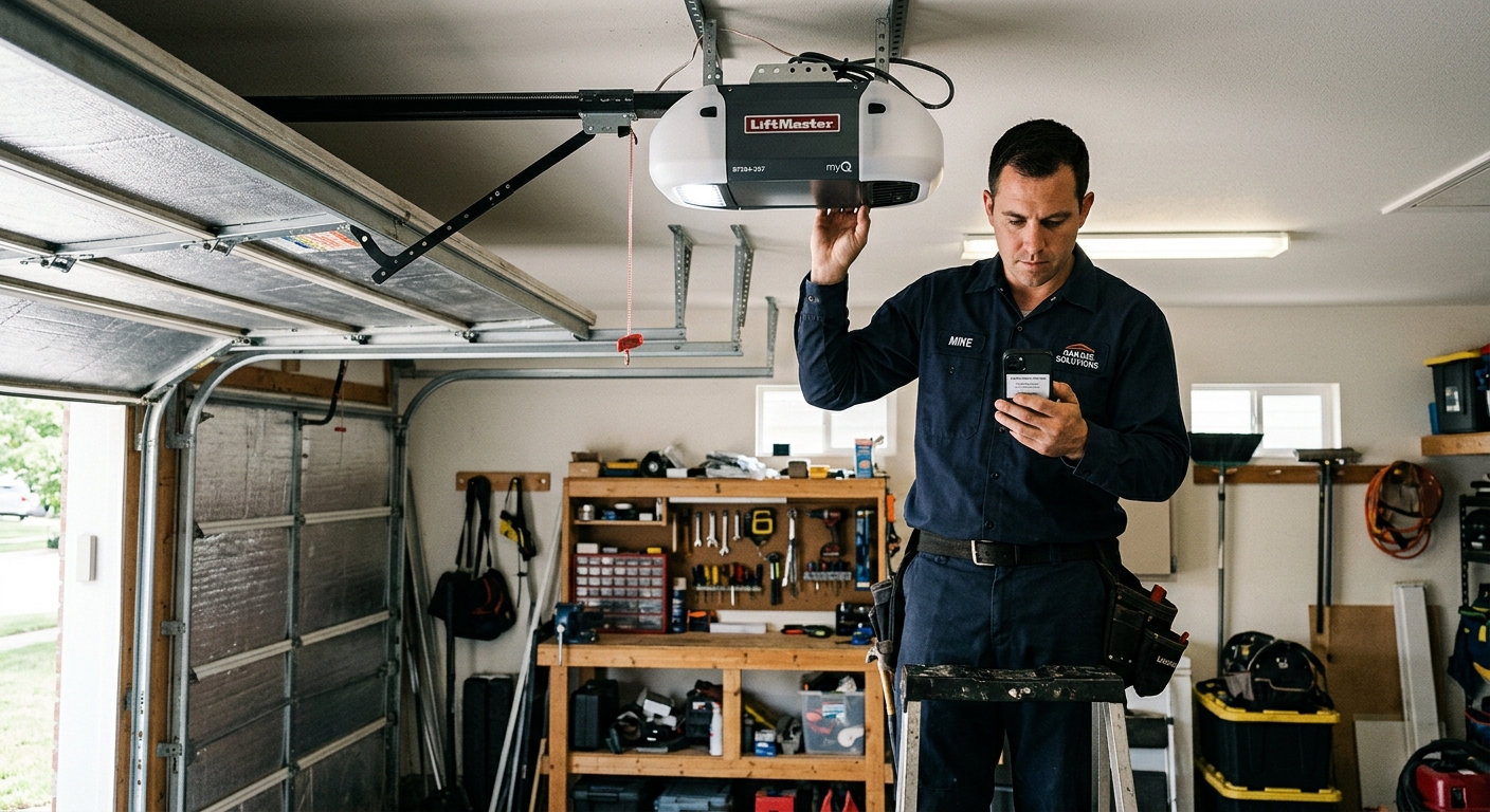 Technician pairing a smartphone with a LiftMaster myQ opener in Wrigleyville