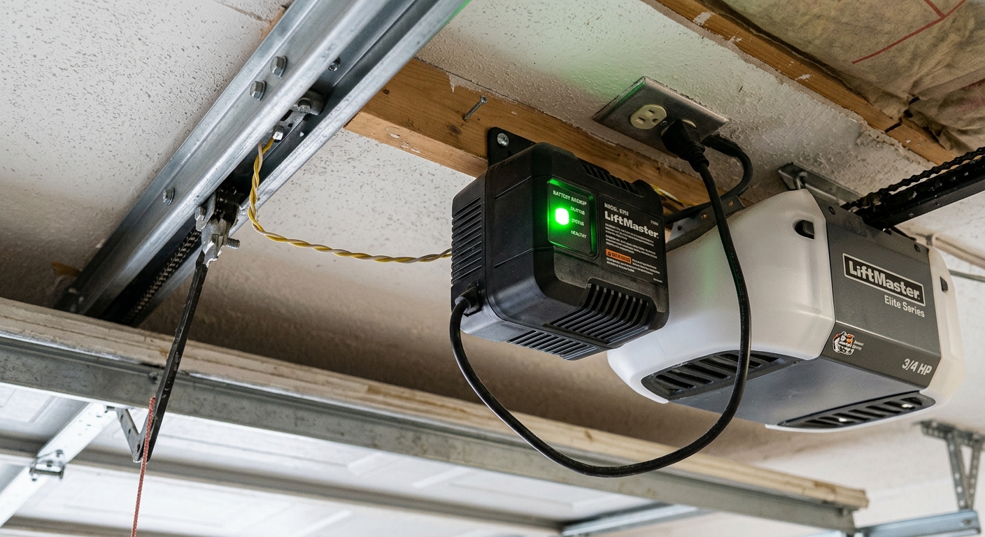 Battery backup unit installed on LiftMaster garage door opener — trickle-charges from wall power, activates during outage