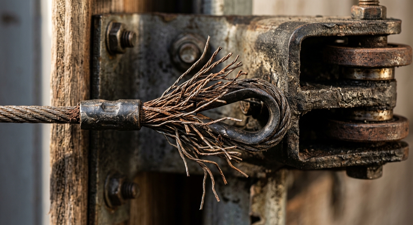 Early-stage cable fraying at bottom bracket — individual wire strands separating from main cable body