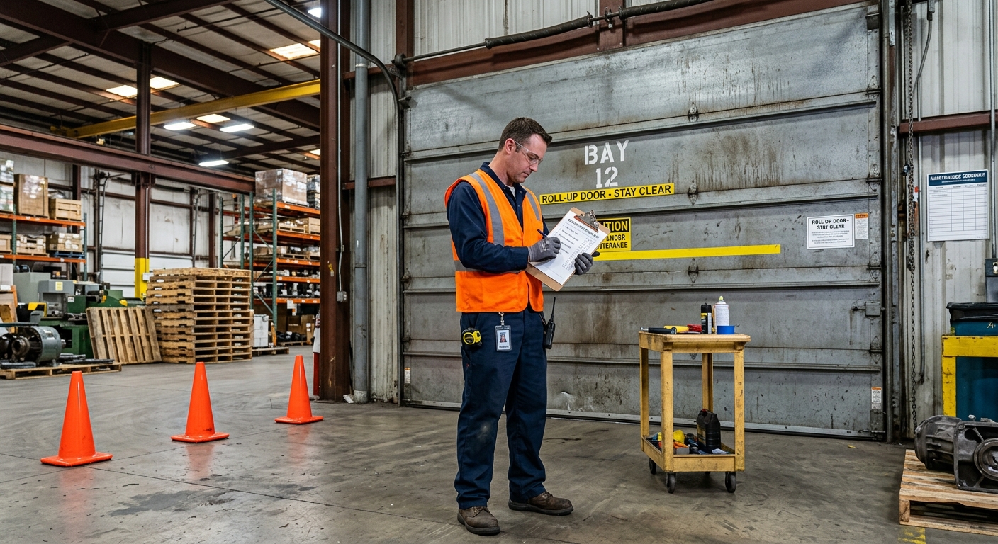 Quarterly commercial garage door inspection — checking spring tension, limit switches, and seal compression