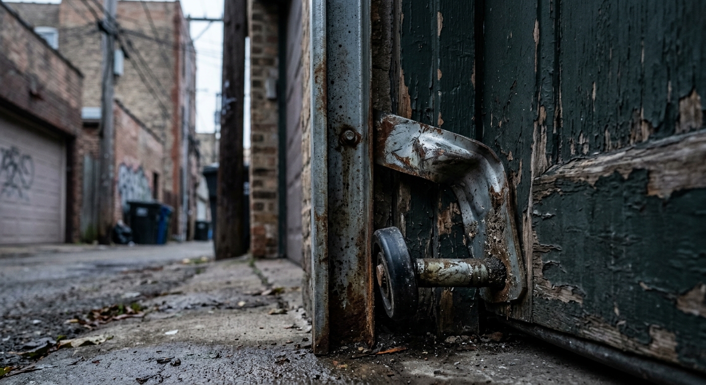 Chicago alley garage door off-track repair — bent bottom roller bracket after vehicle impact