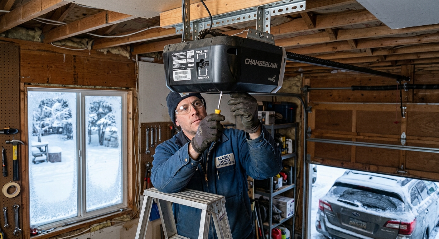 Winter garage door opener service — checking spring balance before adjusting torque