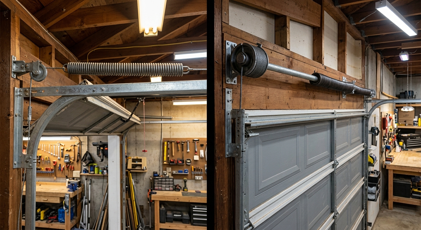 Torsion spring (left) vs extension spring (right) — construction, mounting, and safety comparison