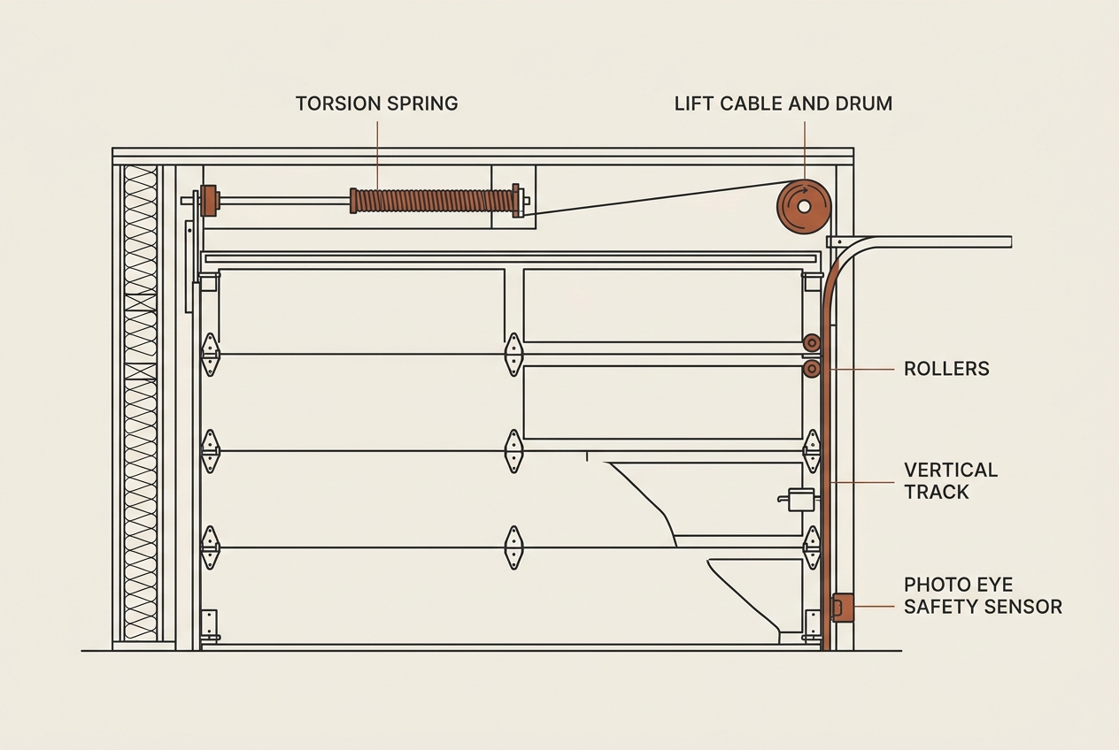 Diagram of a residential garage door showing the torsion spring, lift cable, drum, rollers, track and photo eye sensor checkpoints to inspect in humid weather