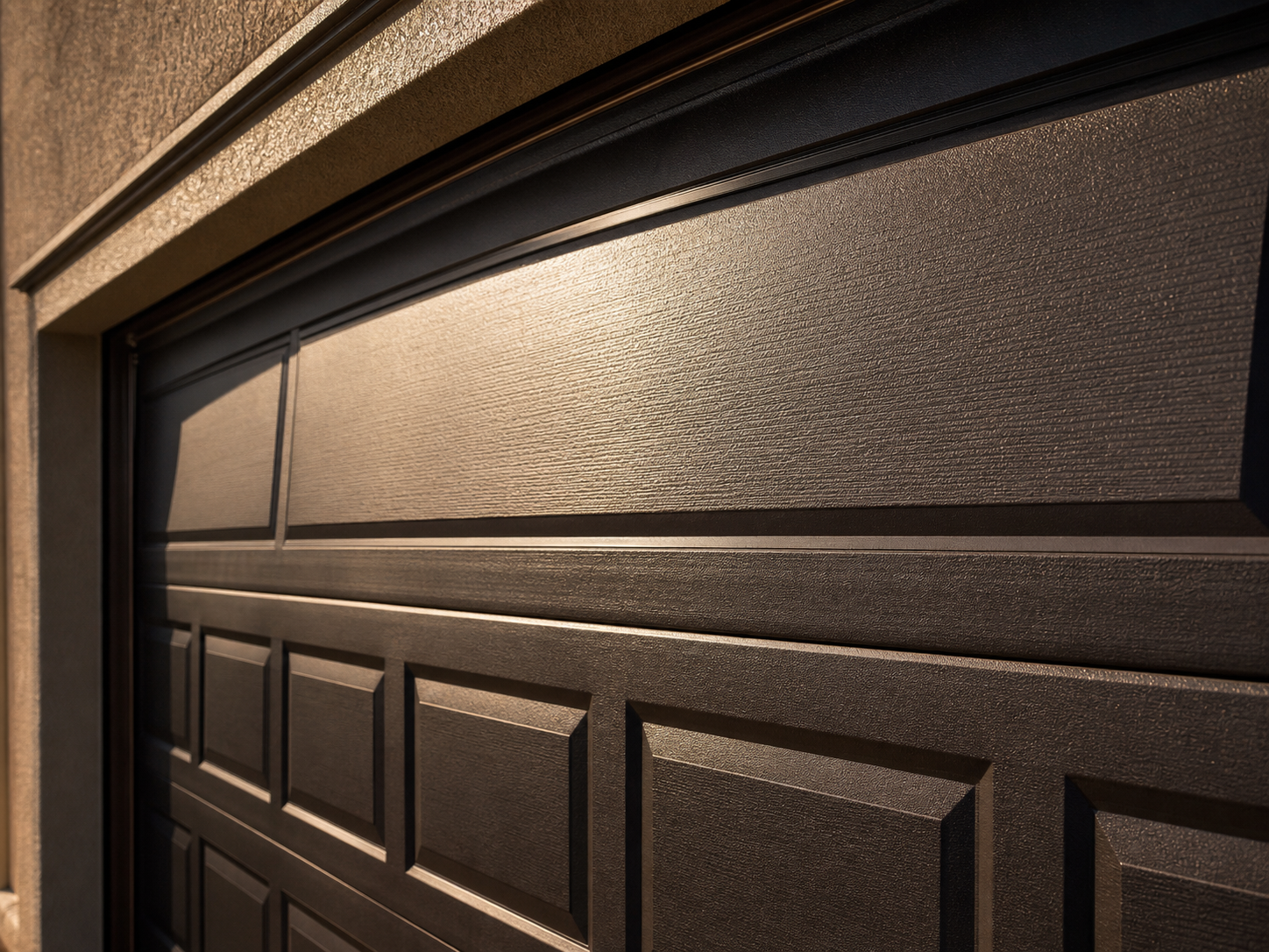 Dark bronze insulated steel garage door on a North Shore home in harsh afternoon sun, the top section slightly bowed outward in the middle