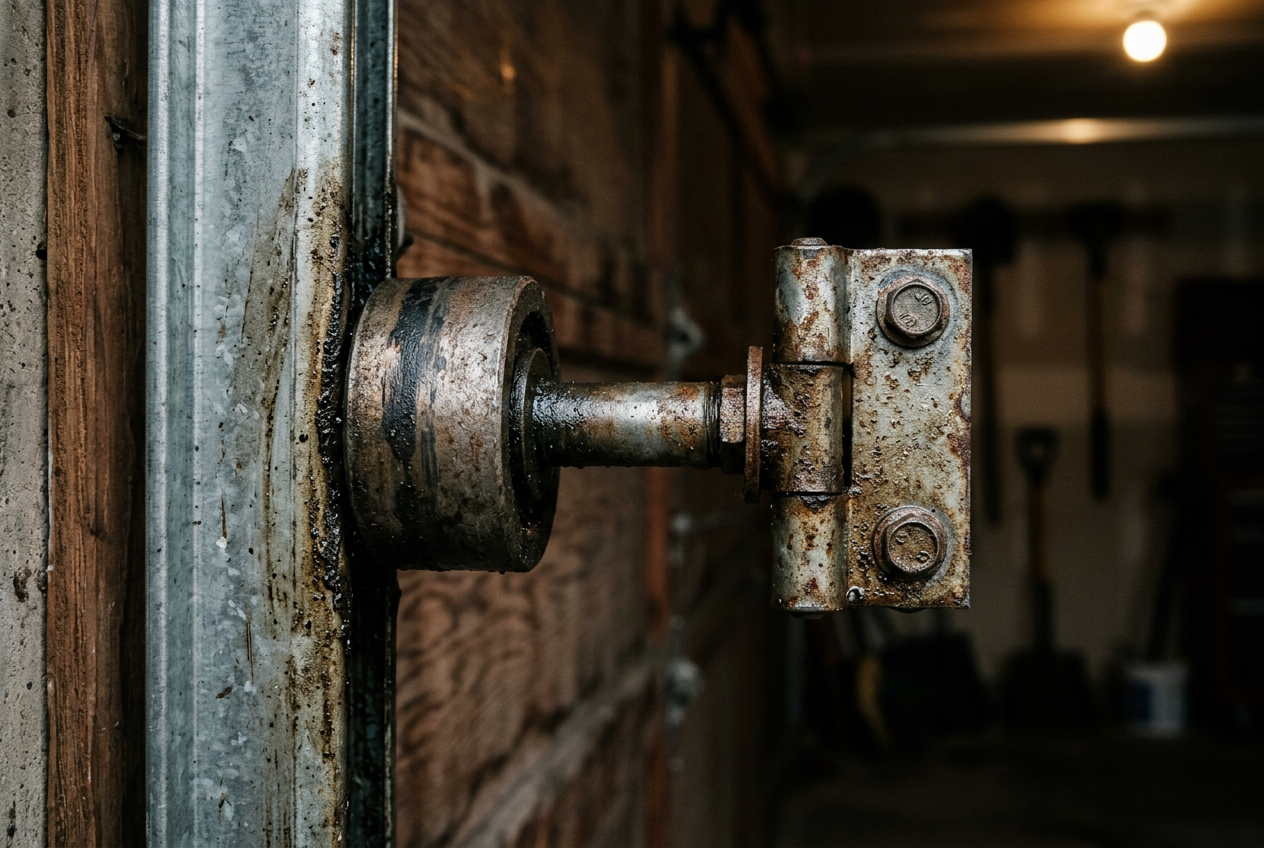 Close-up of a garage door roller stem and hinge showing surface moisture and old grease inside a humid Chicago garage