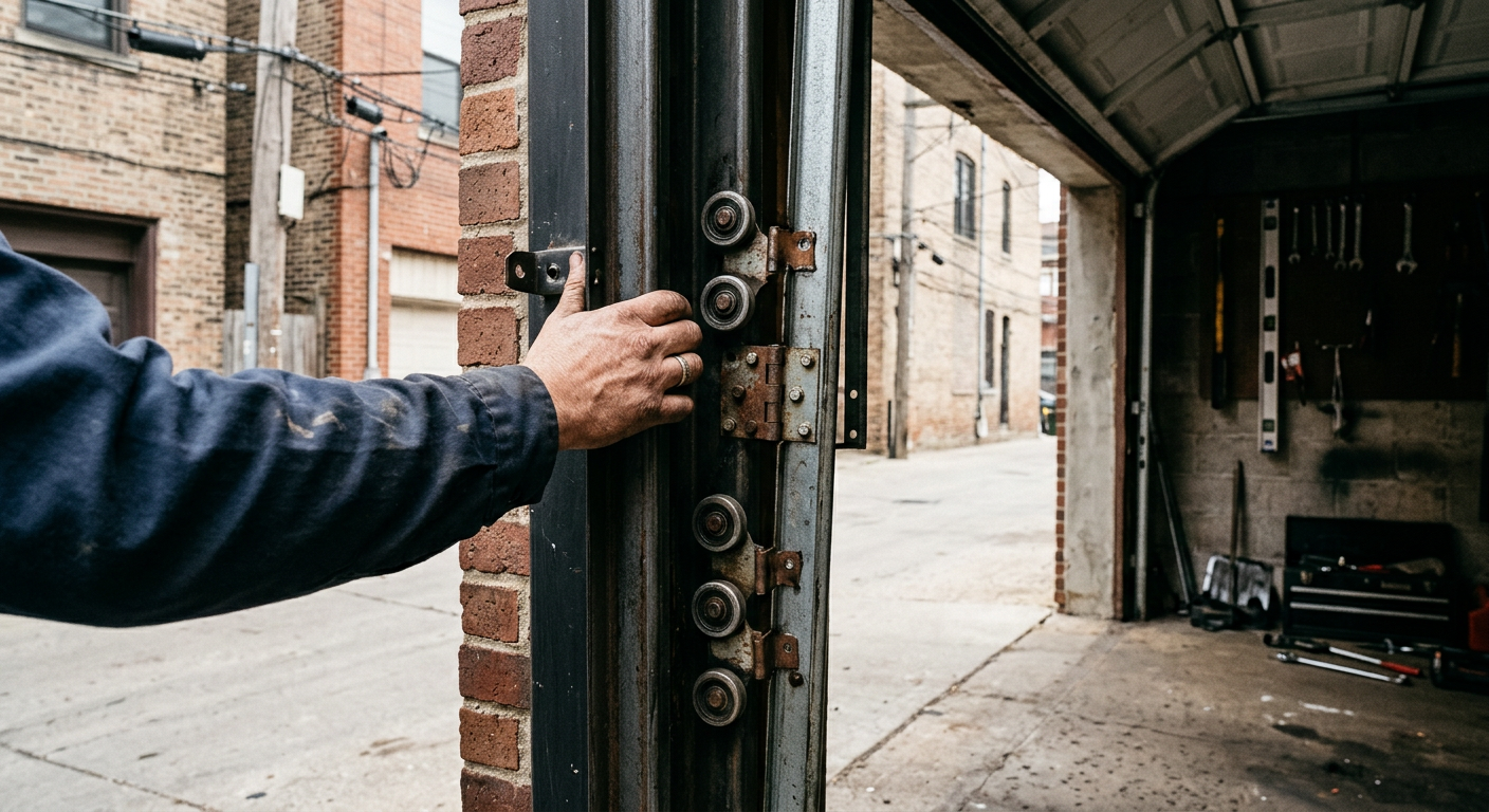 A technician's hand on the roller-and-hinge column of an open garage door in a Chicago alley, checking the vertical track