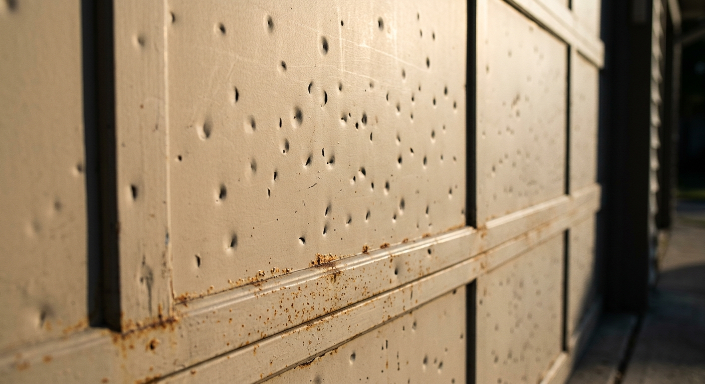 Close-up of a steel garage door panel showing a field of shallow hail dimples in raking afternoon light