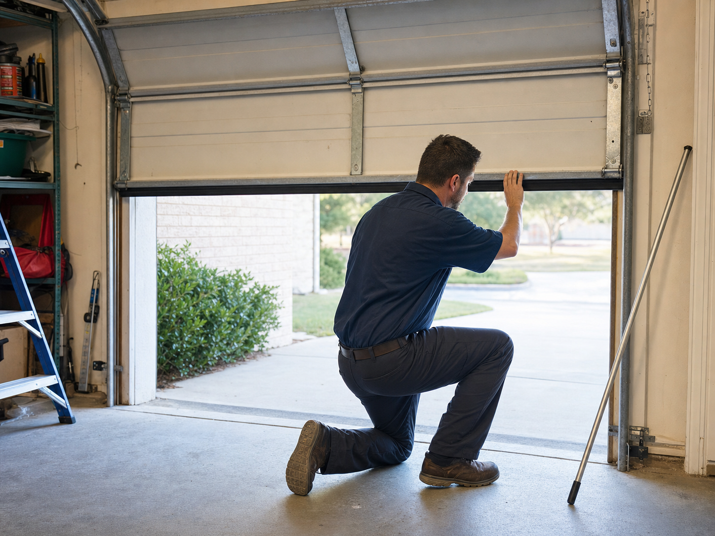 A technician kneeling at the open doorway of a daytime garage, one hand raised on the door panel and looking out, a long winding bar leaning against the track nearby