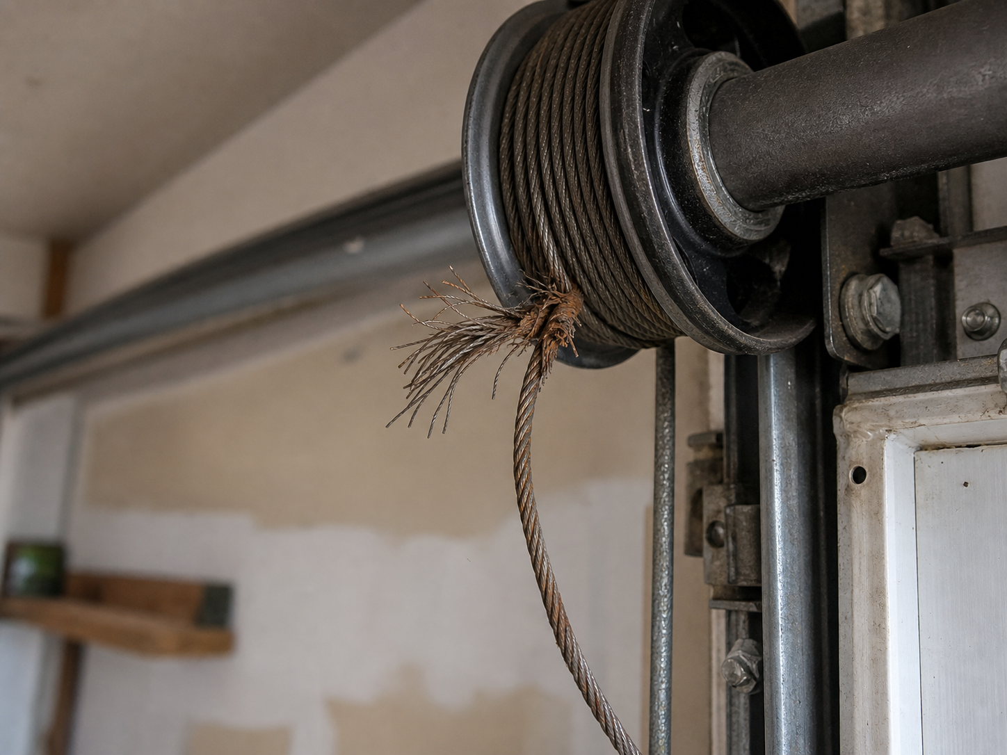 Frayed steel lift cable hanging loose beside the cable drum at the top corner of a residential garage door