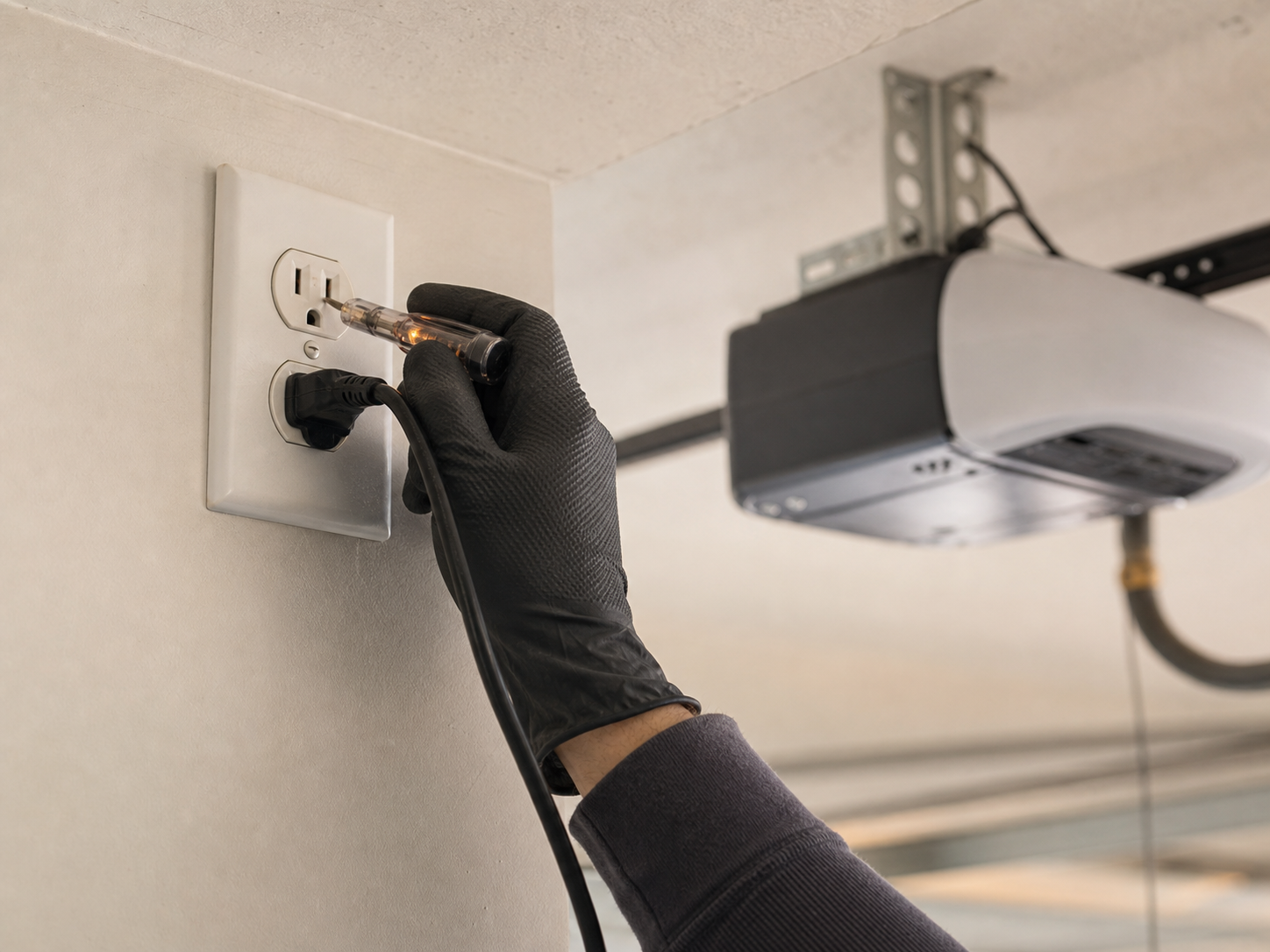 Gloved hand testing the plug at a garage wall outlet, with the opener motor head mounted on the ceiling above