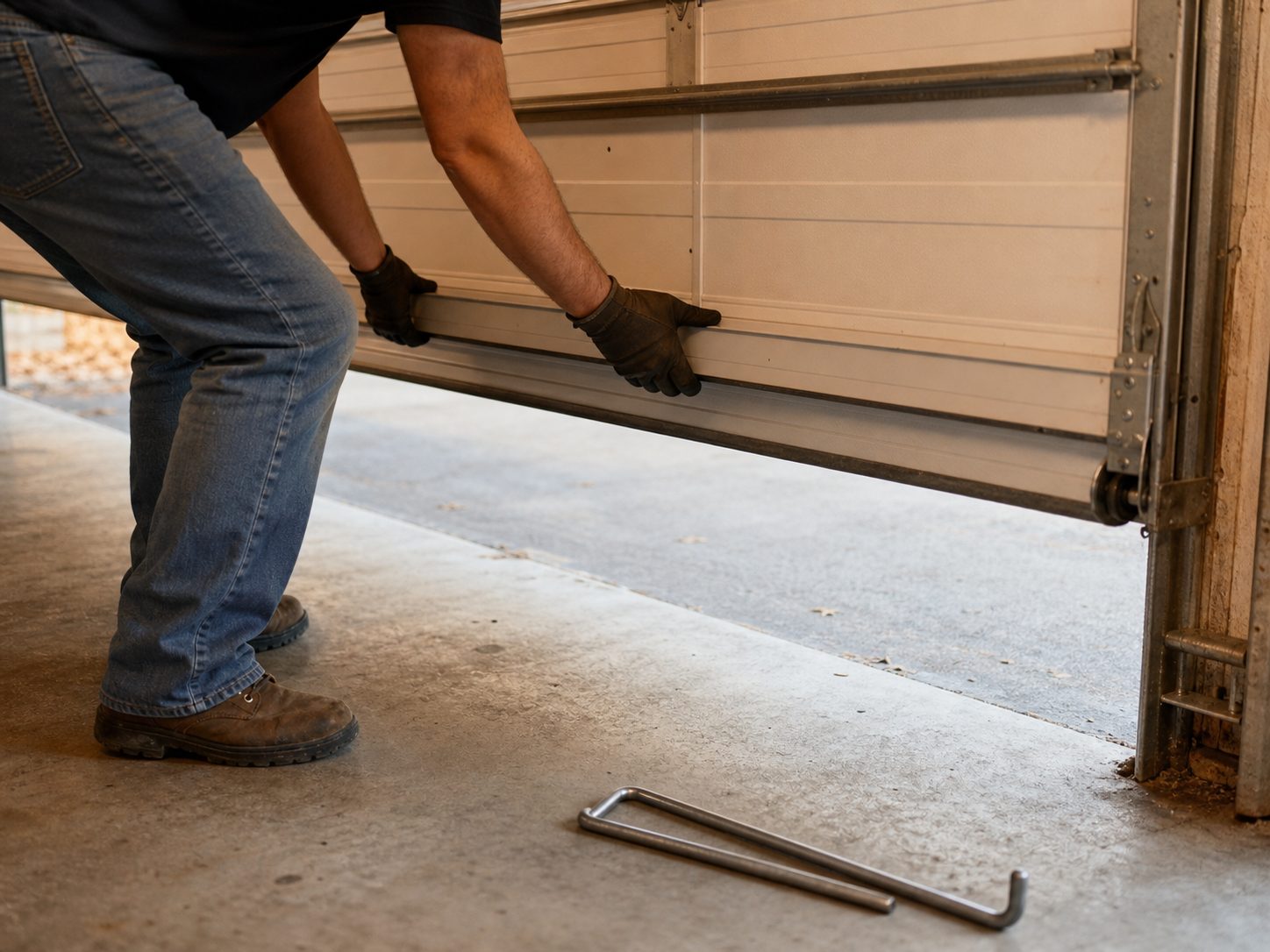 Garage door technician performing a manual balance test, holding the door partway up by hand with winding bars resting nearby on the garage floor