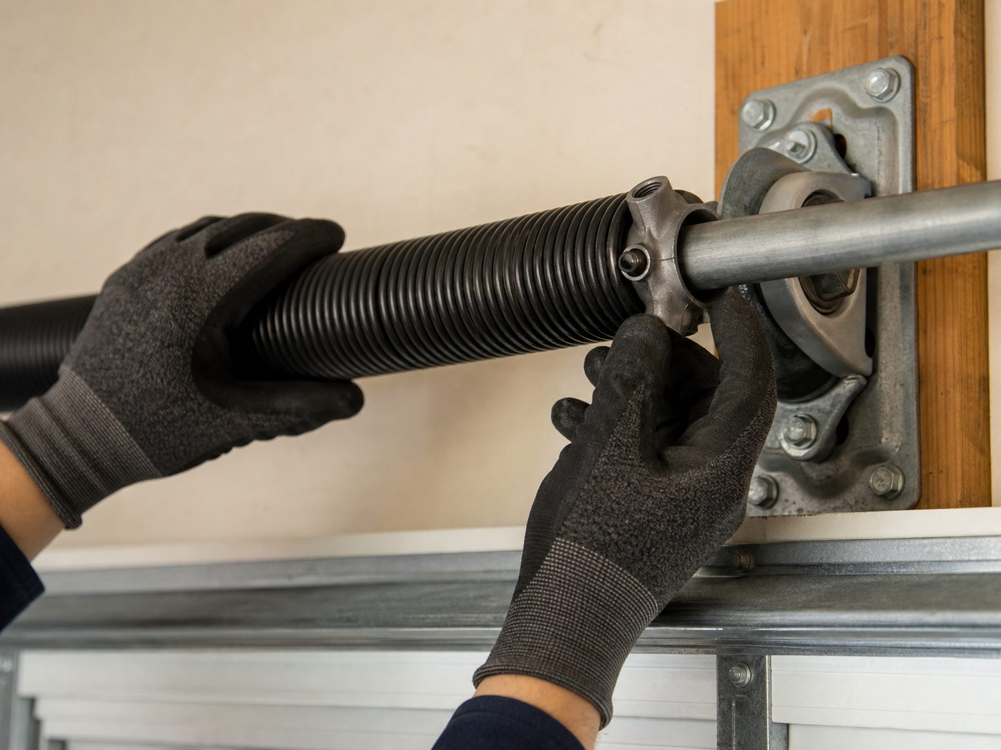 Technician's gloved hands working on a torsion spring at the winding cone and bearing bracket on the shaft