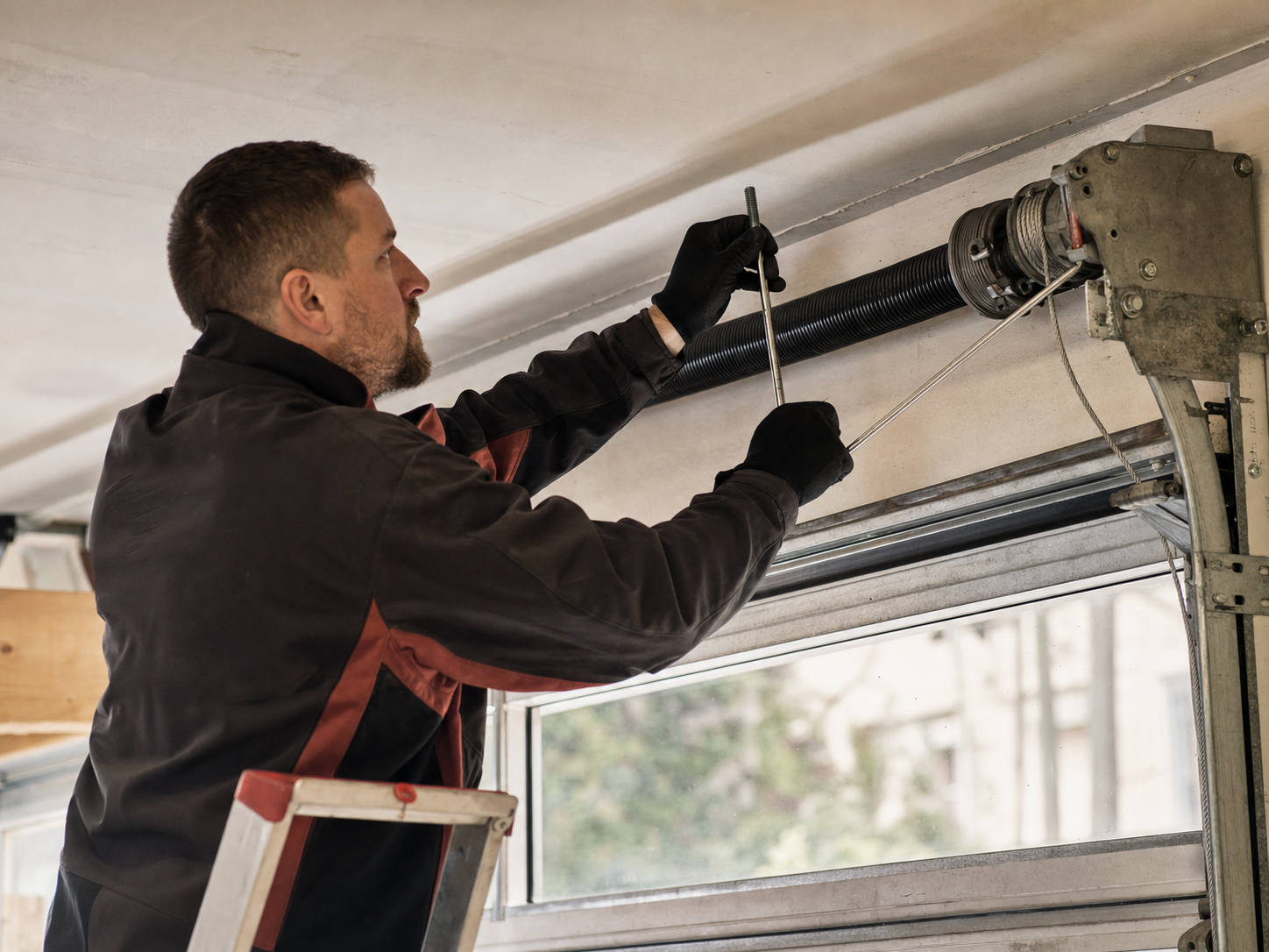 Technician on a ladder reaching up to inspect the spring and drum at the top corner of a garage door