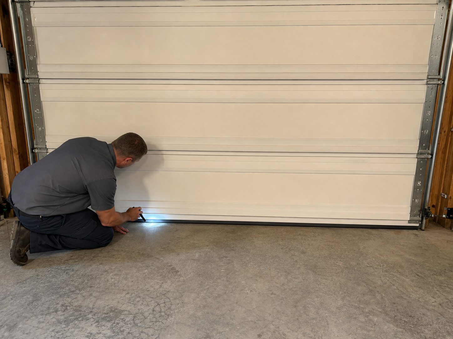 Technician kneeling at the base of a garage door checking the fit of a new bottom seal against the concrete floor