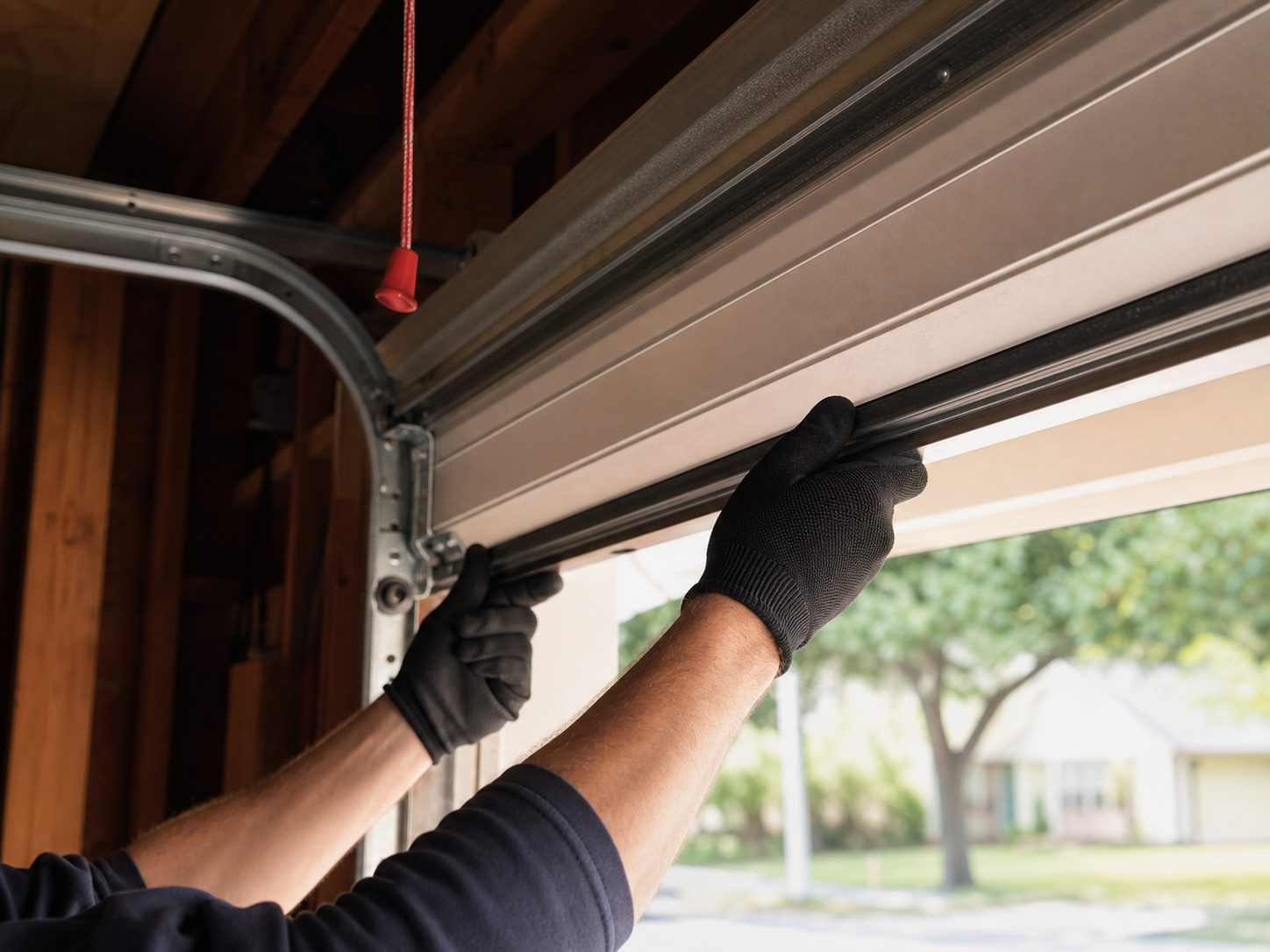 A technician's gloved hands holding a raised garage door by hand during a balance test, with the red manual release cord hanging disconnected above