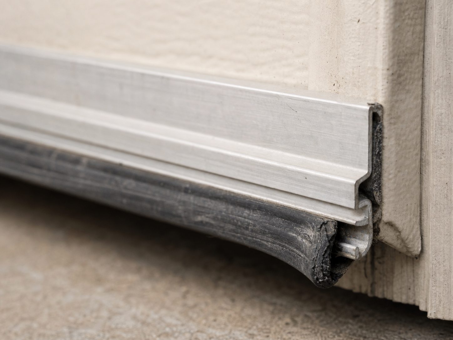 Close-up of the aluminum bottom retainer on a garage door with an aged black rubber seal beneath it
