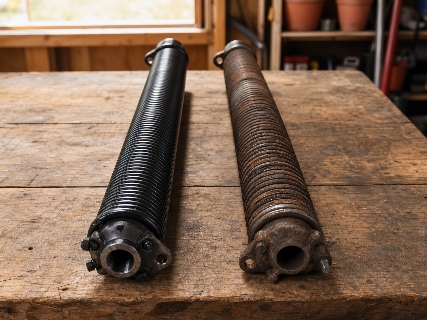 A new oiled torsion spring beside an old rusted, fatigued torsion spring on a workbench for comparison