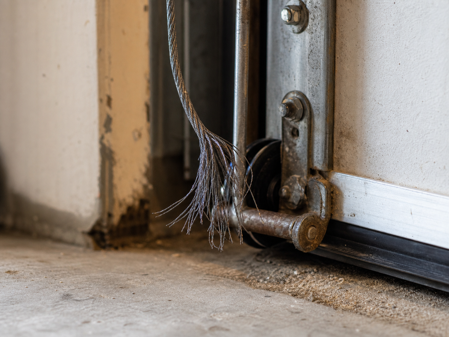A frayed steel garage door lift cable with broken strands splaying out near the bottom bracket at the base of the door
